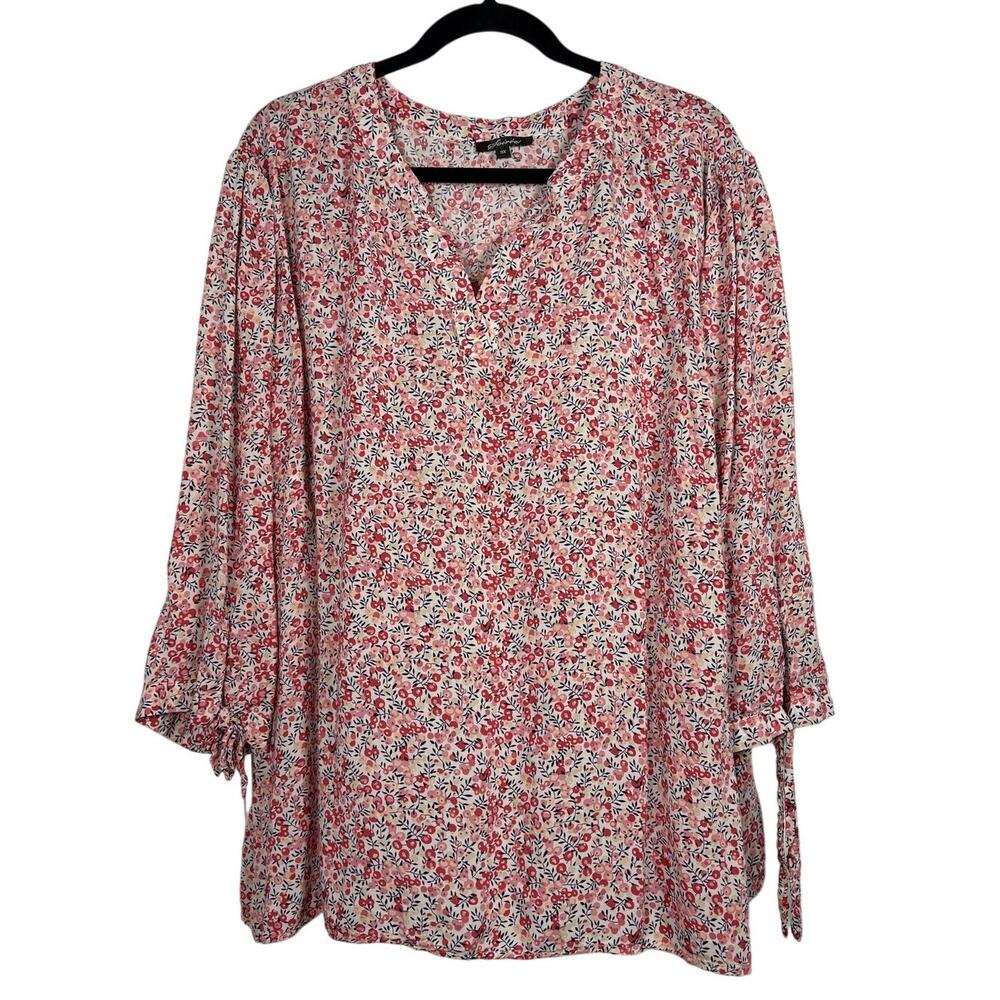 Soiree 3X Plus Size Floral V-Neck Blouse Boho Tie Sleeve Pink Red Flowy Top